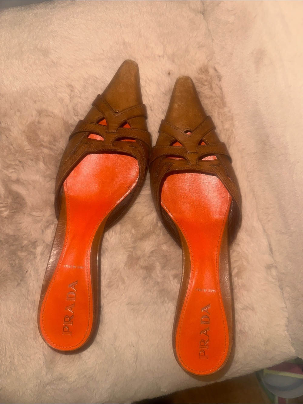 Prada Brown Suede Pointed Mules with Orange Insole